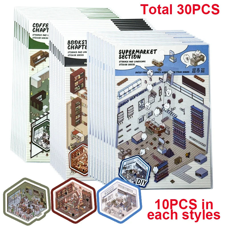 Cartoon 3D Landscaping Stickers Miniature Scene Kawaii Stickers DIY Simulated Cabin Stickers School Accessories for Kids Gifts