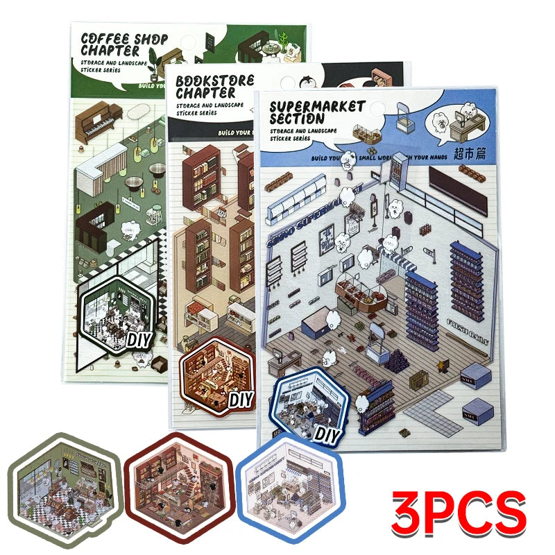 Cartoon 3D Landscaping Stickers Miniature Scene Kawaii Stickers DIY Simulated Cabin Stickers School Accessories for Kids Gifts